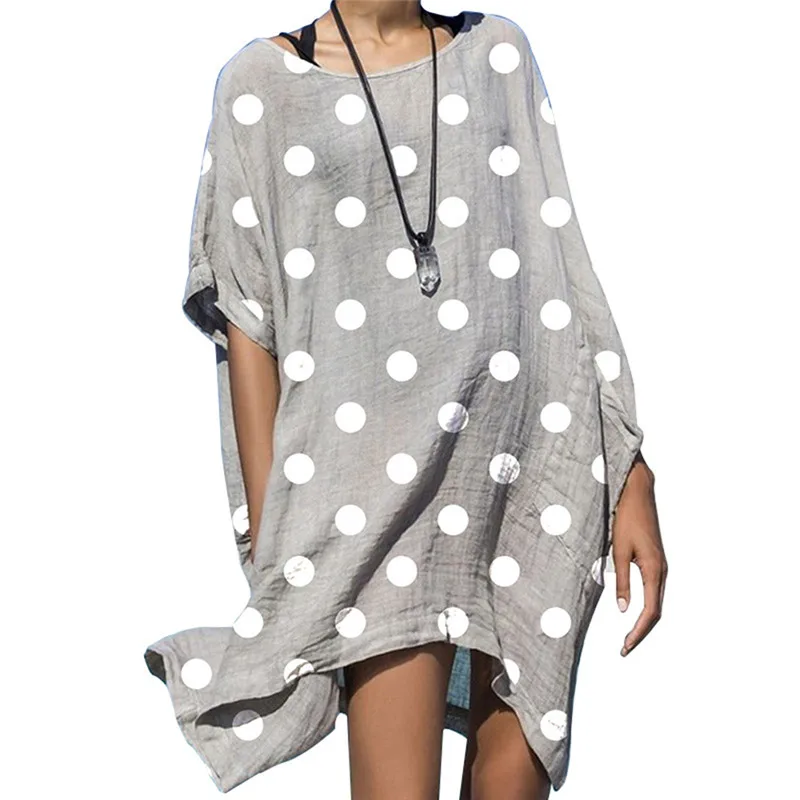 

Women's Summer Cotton and Linen Dress Polka Dot Printed Irregular Sleeve Dress (S/M/L/XL) Short sleeve Loose Dress