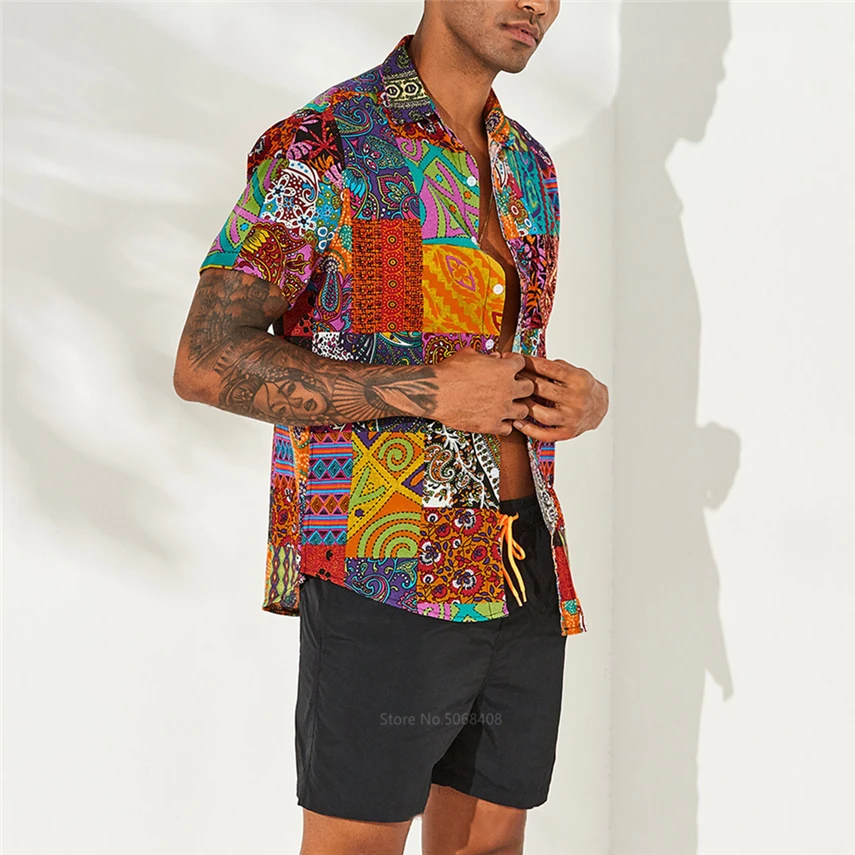 

2020 Men African Fashion Shirt Short Sleeve Cotton Linen 3D Print Rich Bazin Africa Streetwear Hip Hop Clothing