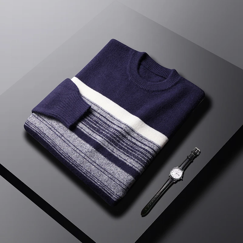 Мужской кашемировый свитер в полоску с длинным рукавом и круглым вырезом |