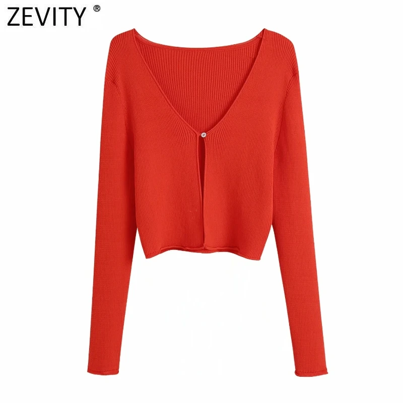 

Zevity 2021 Women Fashion V Neck Solid Color Long Sleeve Short Knitted Sweater Female Chic One Button Cardigans Coat Tops SW883