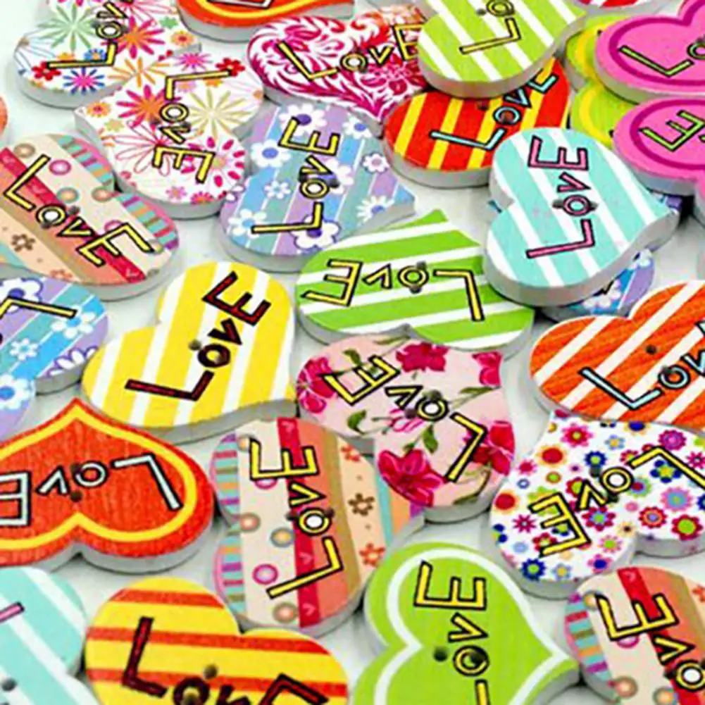 

HOT SALES!!! 50 Pcs Colorful Heart Shape Wooden Button DIY Sewing Scrapbooking Accessory