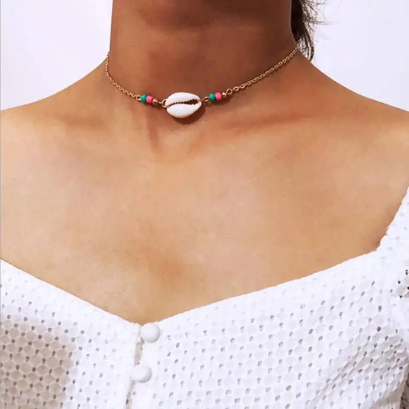 

Trendy New Bohemian Jewelry Simple Chain Woven Silver Color Beads Shell Clavicle Choker Necklace for Women Beach S2181