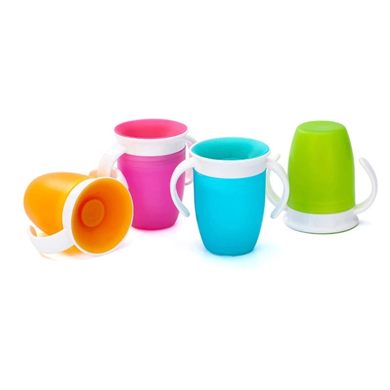 

360 Degrees Rotatable Baby Learning Drinking Silicone Cup with Double Handle Flip Lid Leakproof Infants Water Cups Bottle