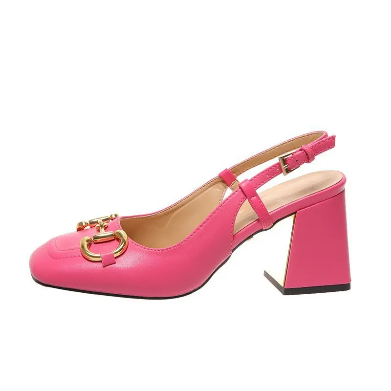 

2021 new horse buckle thick heel shoes women French back high heels summer shallow mouth one line buckle sandals women
