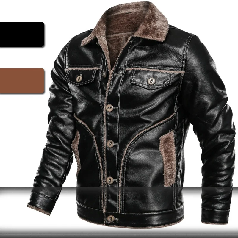 Мужская мотоциклетная кожаная куртка зимние теплые шерстяные куртки