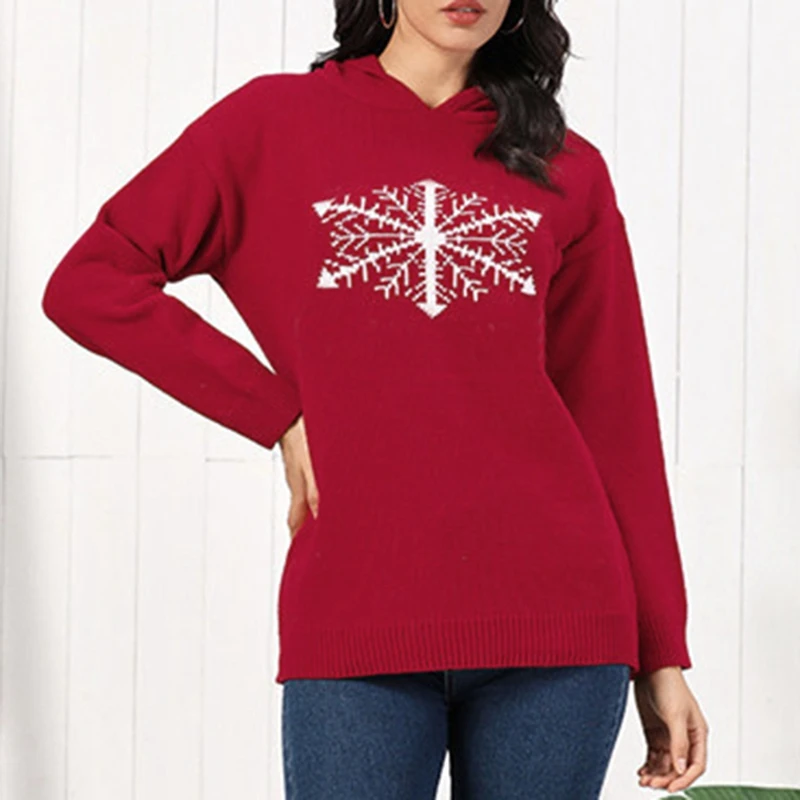 

Christmas Snowflake Hooded Sweater Women Winter Warm Long Sleeve Loose Knitting Pull Tops Sweaters Pullovers