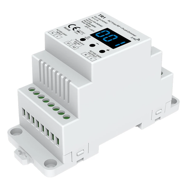 

TR1(Din Rail) Led Triac Dimmer AC 100-240V High Voltage Trailing Edge Din Rail Triac Dimmer 1CH*2A RF + Push AC Phase-cut Dimmer