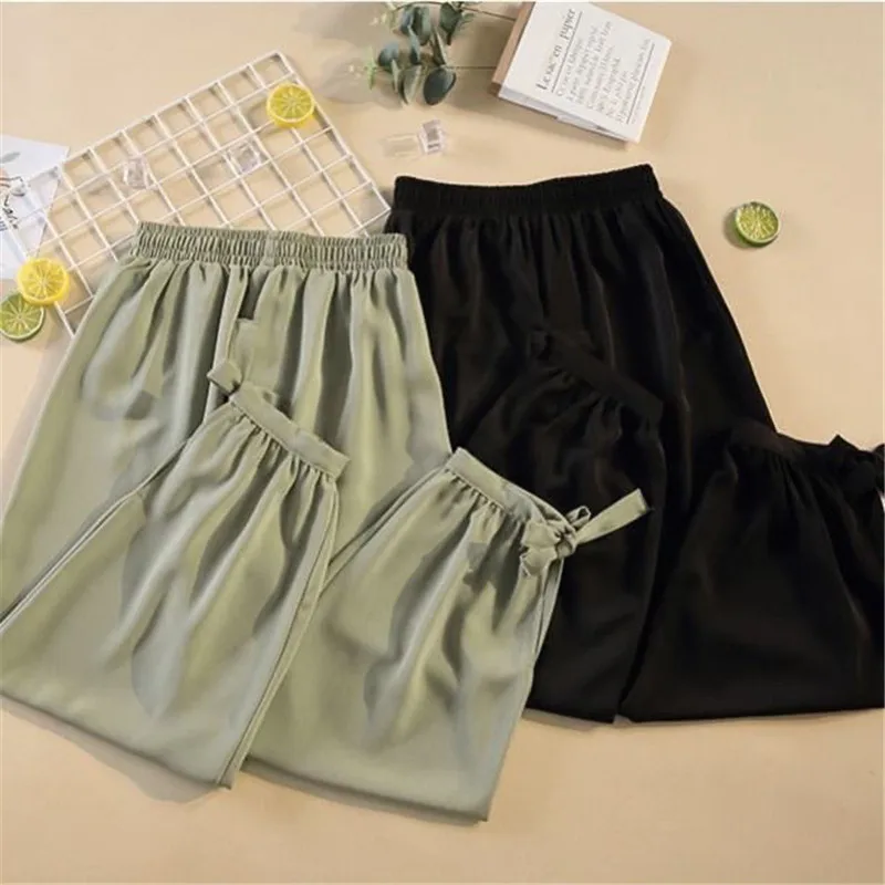 

Ladies Pants Ice Silk Women For Spring Summer Wide Leg Pants black Drape Loose Casual Pants Solid Wide Trousers For Women