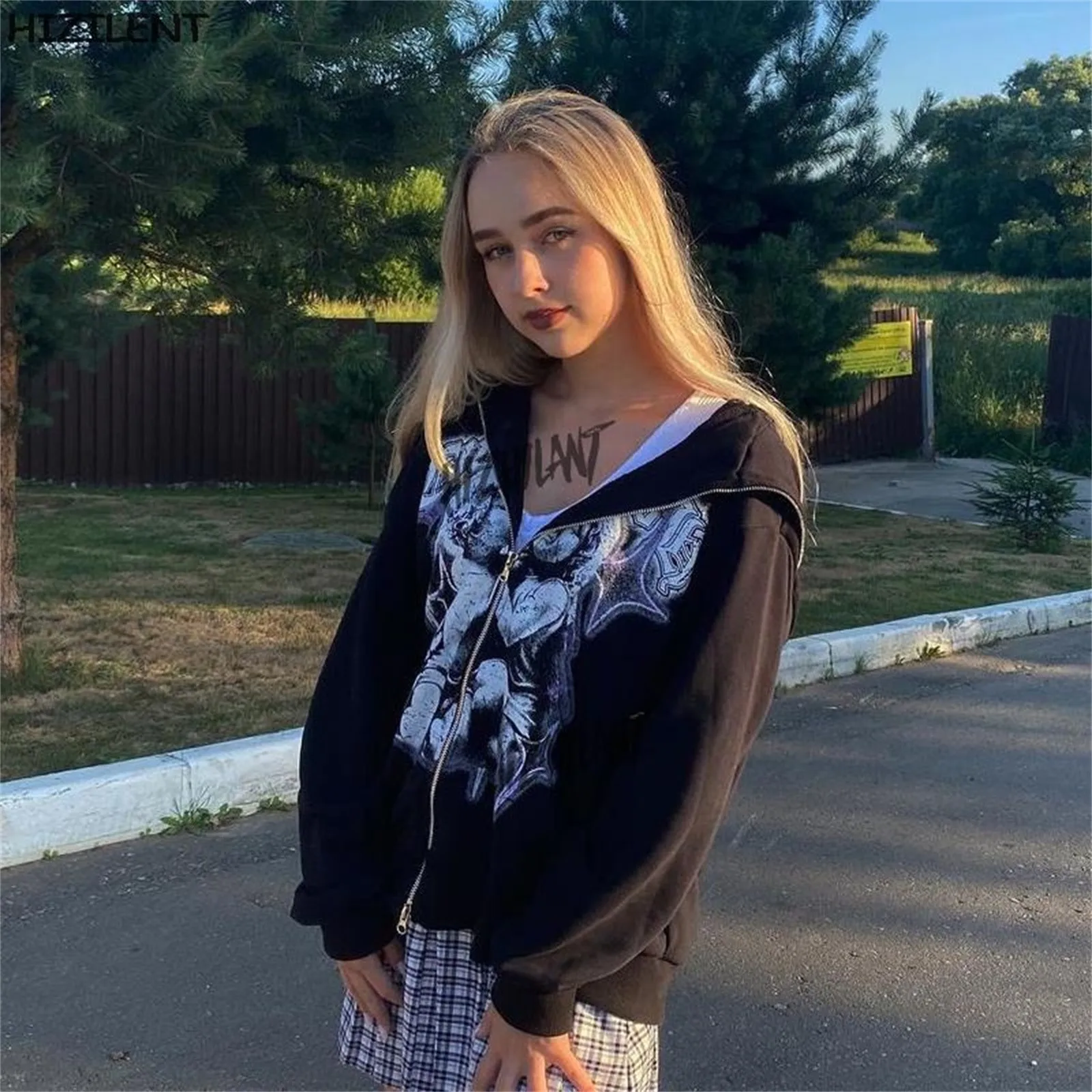 

Hot Sale Women's Punk Style Jackets With Hood Gothic Style Print Jackets Streetwear Zipper Fly Casual Jackets casaco feminino