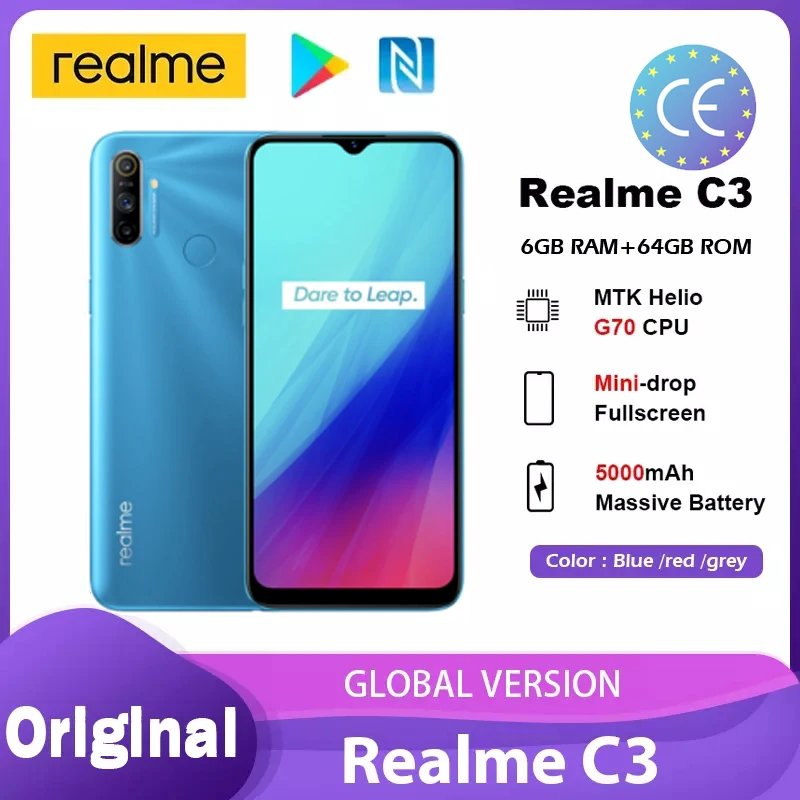Realme C3 глобальная версия 3 Гб оперативной памяти 64 ГБ 5000 мАч Helio G70 процессор 12MP AI