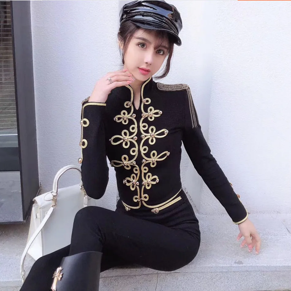 New Autumn And Winter Ladies Club Bandage Suit Black White Fringed Shirt And Pants 2 Pieces Two-Piece Club Party Suit
