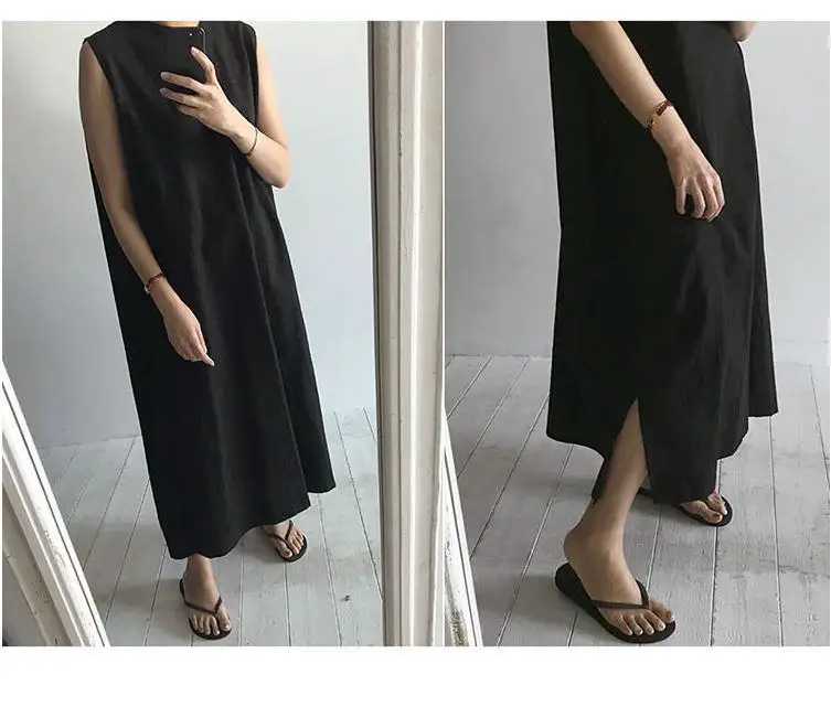 

2021 Spring Summer New O Neck Sleeveless Plus Size Loose Pleated Pocket Tank Ankle-Length Dresses Women