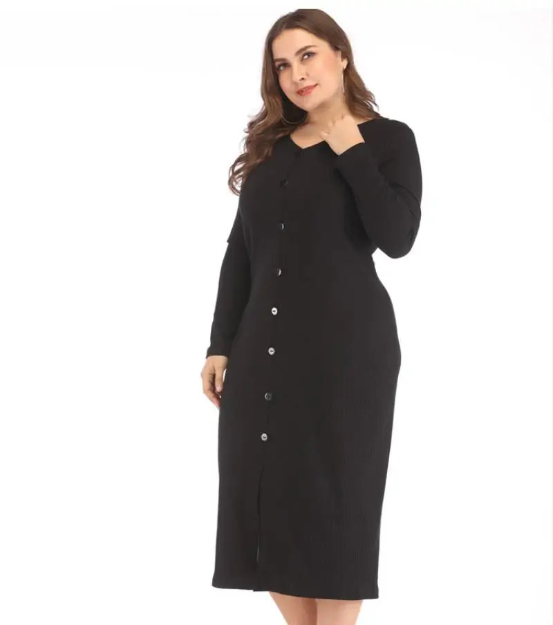 XL-4XL плюс размер осеннее длинное трикотажное платье зимнее женское Сплит с длинным рукавом Повседневное платье большого размера пуговицы спереди трикотажные платья