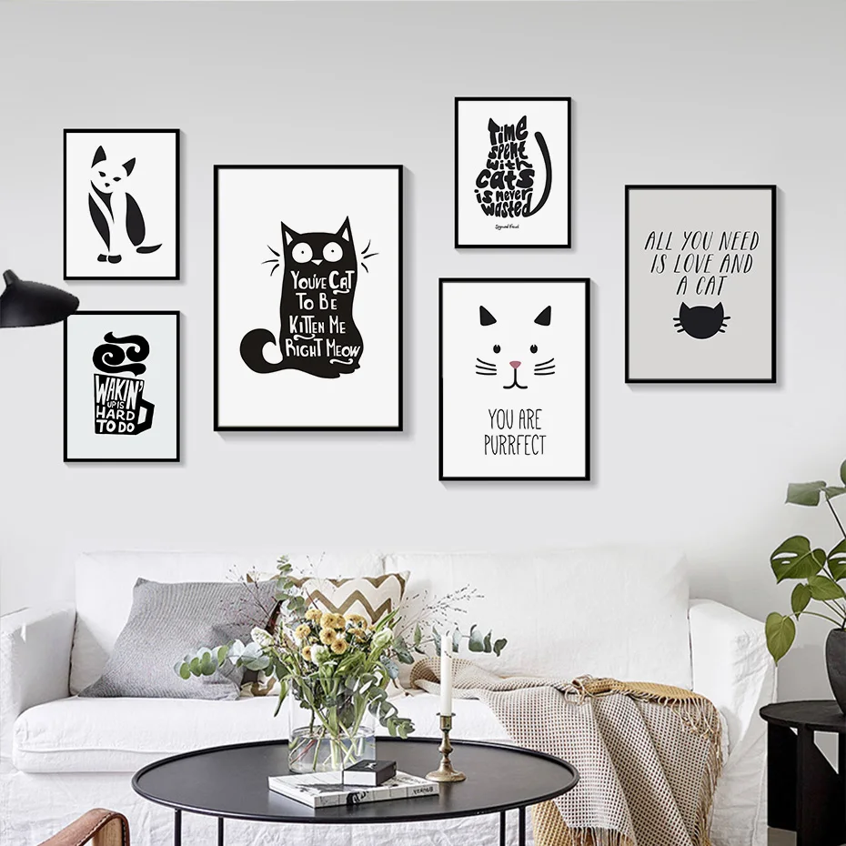 Абстрактная живопись на холсте с котом черно белые постеры животными