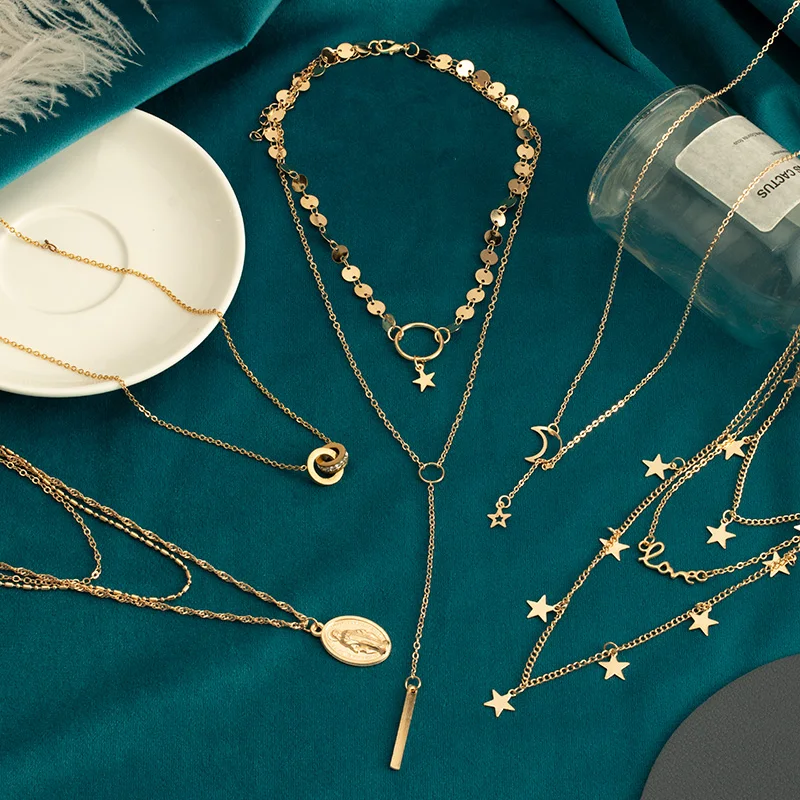 

Vintage Gold Color Necklace for Women Multilayer Long Moon Stars Pendant Chain Necklace & Portrait Pendants Choker Party Jewelry