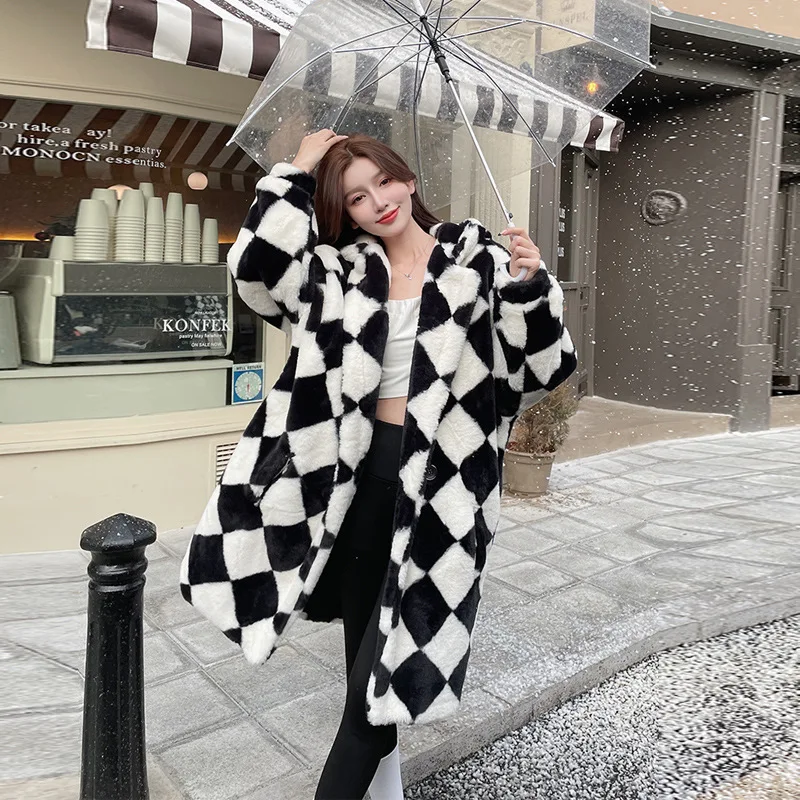 d Plaid Faux Fur Coat Women Parka Long Warm Faux Fur Jacket Coats Hoodies Loose Winter Coat Outwear Casaco Feminino