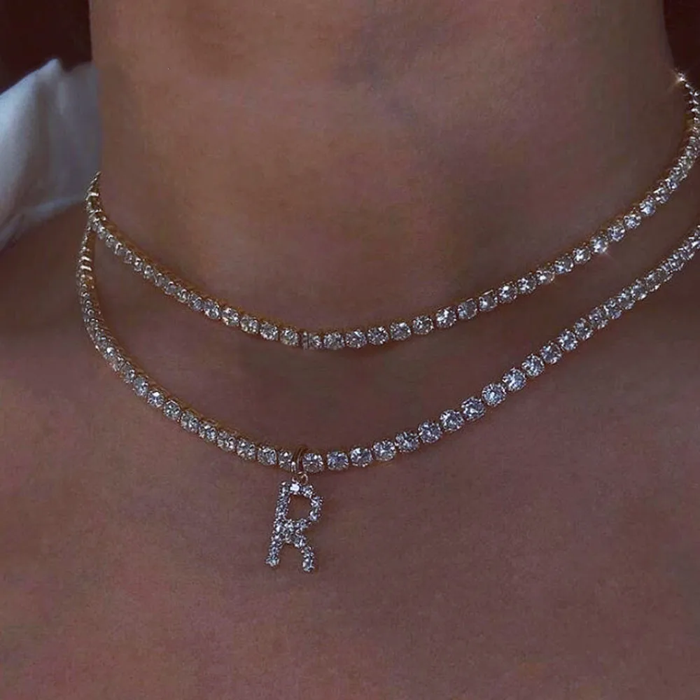 

Bling Rhinestone A-Z Pendant Letter Necklace Chain for Women Crystal 26 Letters Choker Collar Necklace Chain Hip Hop Jewelry