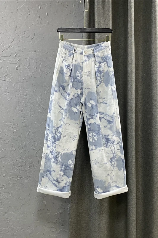 

Tie Dyed High Waist Jeans Women's Handsome Trousers 2021 New Spring Fashion Wide Leg Pants Female Straight Leg Pants