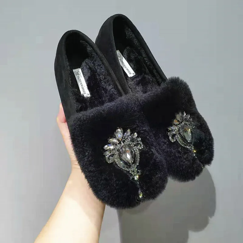 Brand Rhinestone shoes espadrilles comfy real fur flat moccasins women design winter slip on loafers plus size 42 plush creepers | Обувь