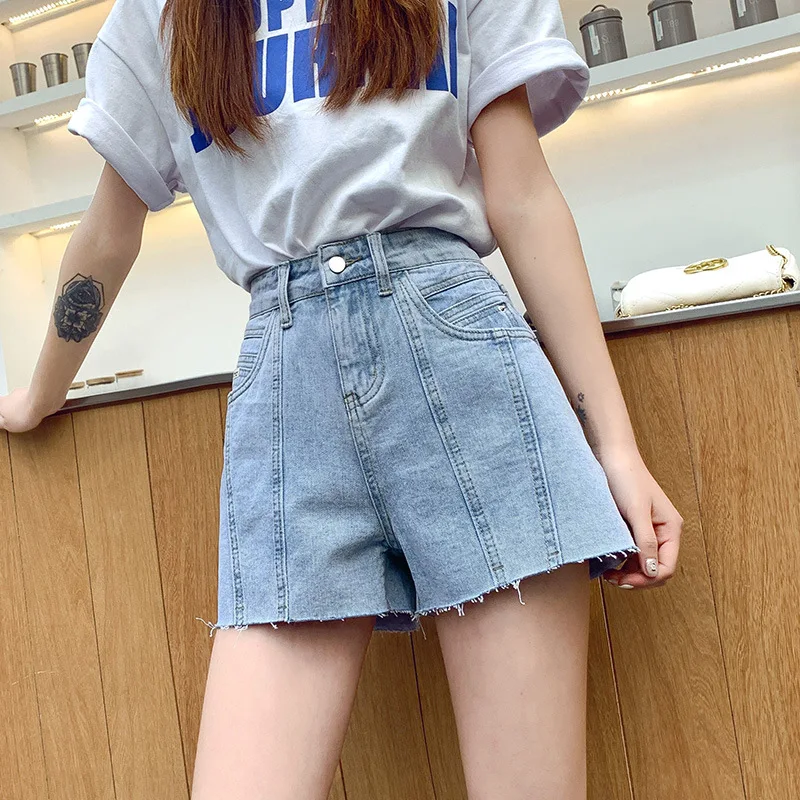 

Джинсовые шорты с высокой талией и простой Harajuku Chic Ins летние милые свободные широкие лоскутное стирки хлопок, застежка-молния, светильник си...