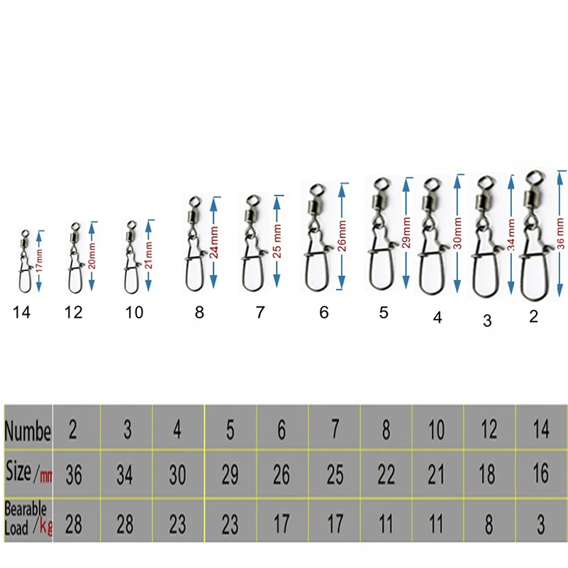 50pcs/1box 2# To 14# Fishing Connector Rolling Swivel Fish Pin Bearing Stainless Steel Snap Hook Lure Tackle Goods For | Спорт и