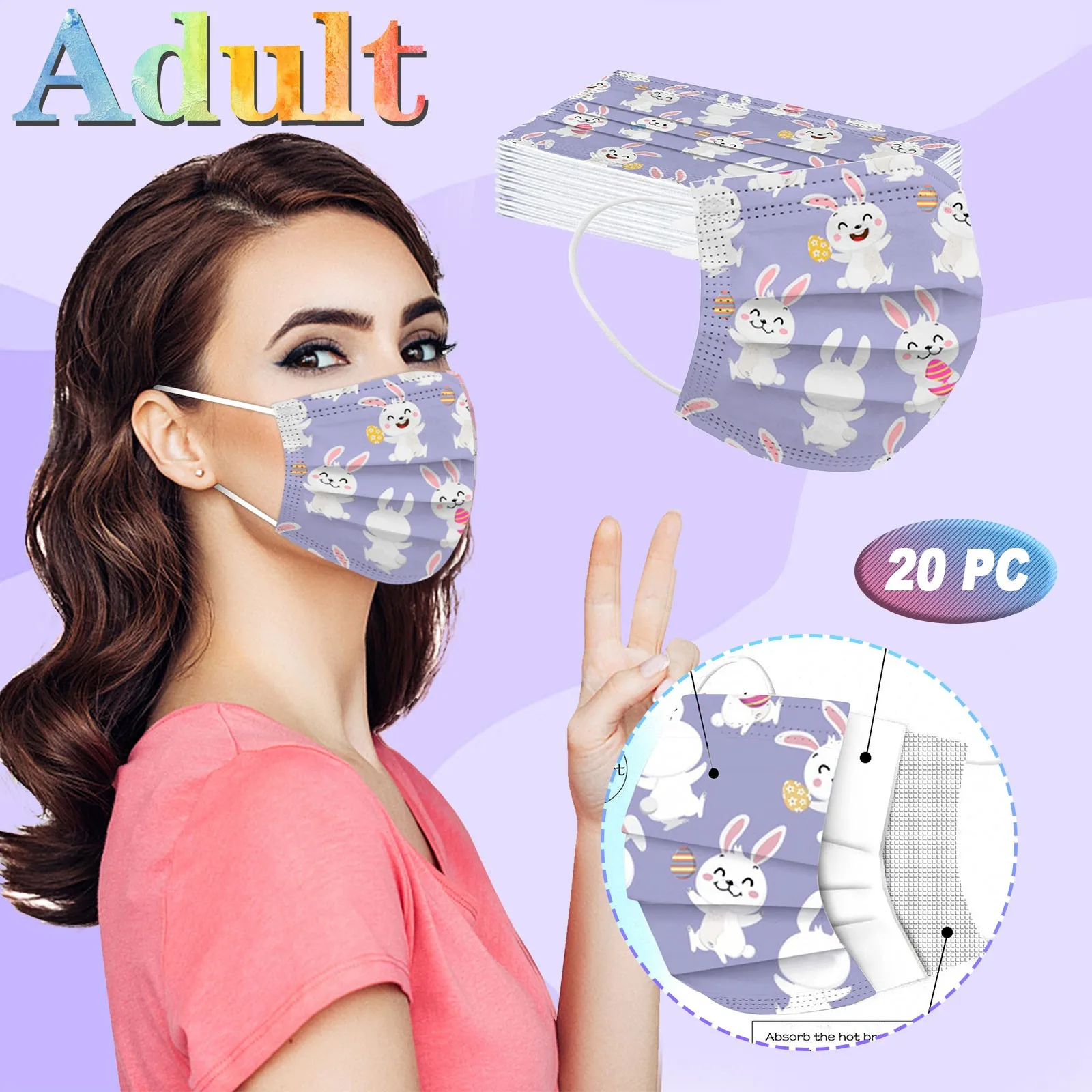 

Adult Easter Bunny Eggs Printing Three Layer Protective Breathable Mask Personal Protective High-quality