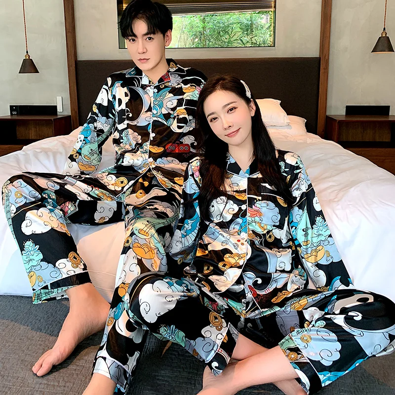 Новая пара ночное белье шелк сатин пижамный комплект с длинным рукавом и