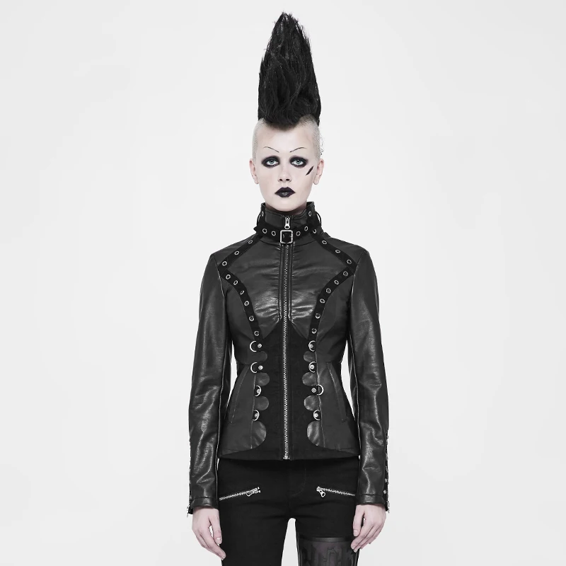 Женская короткая куртка из ПУ кожи Черный Текстурированный металлический