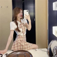 two piece suit women 2022 summer new short sleeve cropped tops and plaid mini pleated skirts suits sexy 2 piece sets y130