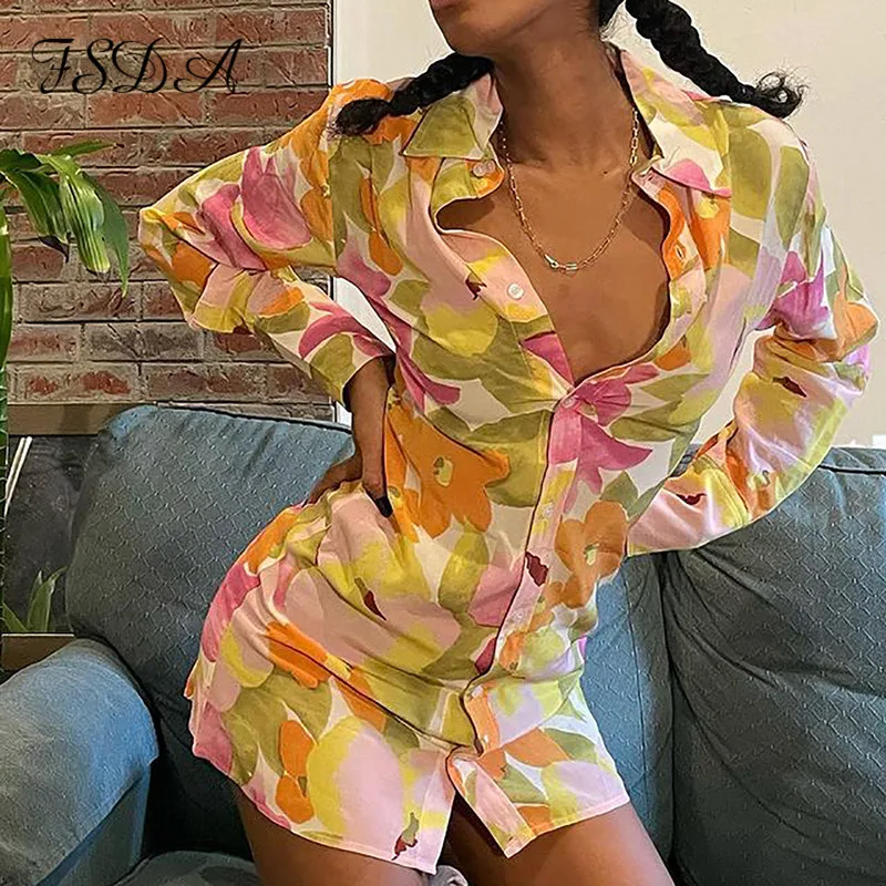 

2021 Floral Print Long Sleeve Shirt Dress Women V Neck Spring Summer Mini Sexy Beach Casual Bodycon Party Dresses Vestidos