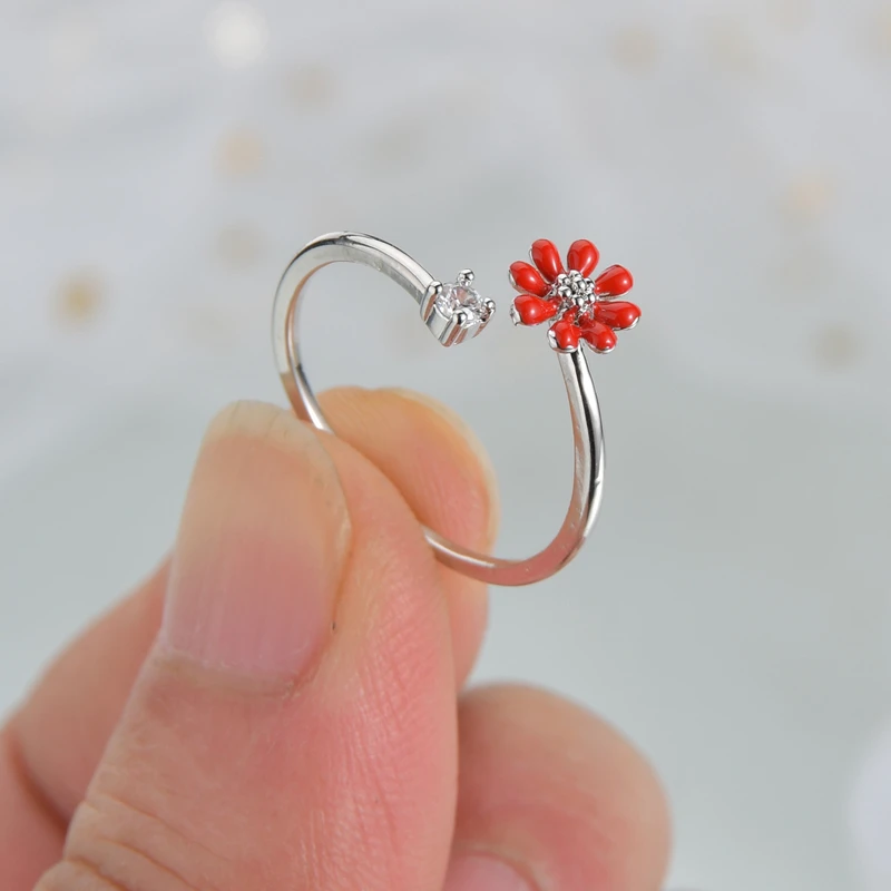 Симпатичные Регулируемые кольца с кристаллами красный цветок флейта клубника