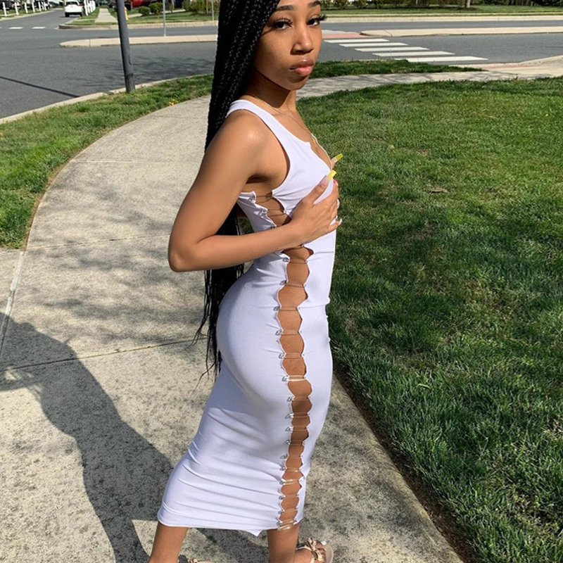 

wsevypo Sexy Side Pin Hollow Out Midi Bodycon Sundress Summer Women Casual Solid Color Sleeveless Low Cut V-Neck Tank Dress