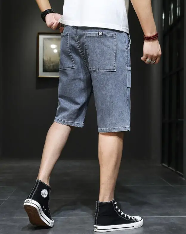 Summer Jeans Men Distressed Jeans Big Pocket Streetwear Jeans Man Knee Length Denim Trousers Size 28-44