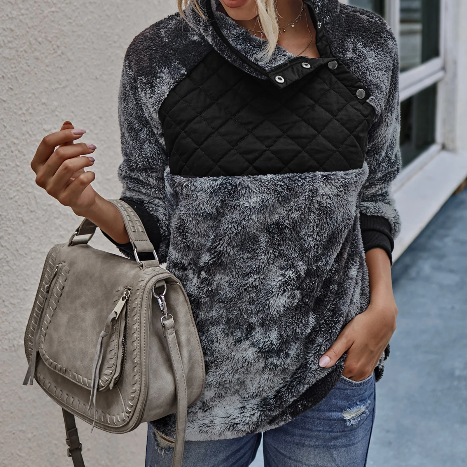 

Women Autumn Tie Dye Sweatshirt Slant Button Neck Long Sleeve Warm Pullover