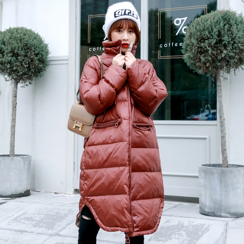 Новинка 2019 модный пуховик женский зимний длинный на белом утином пуху верхняя
