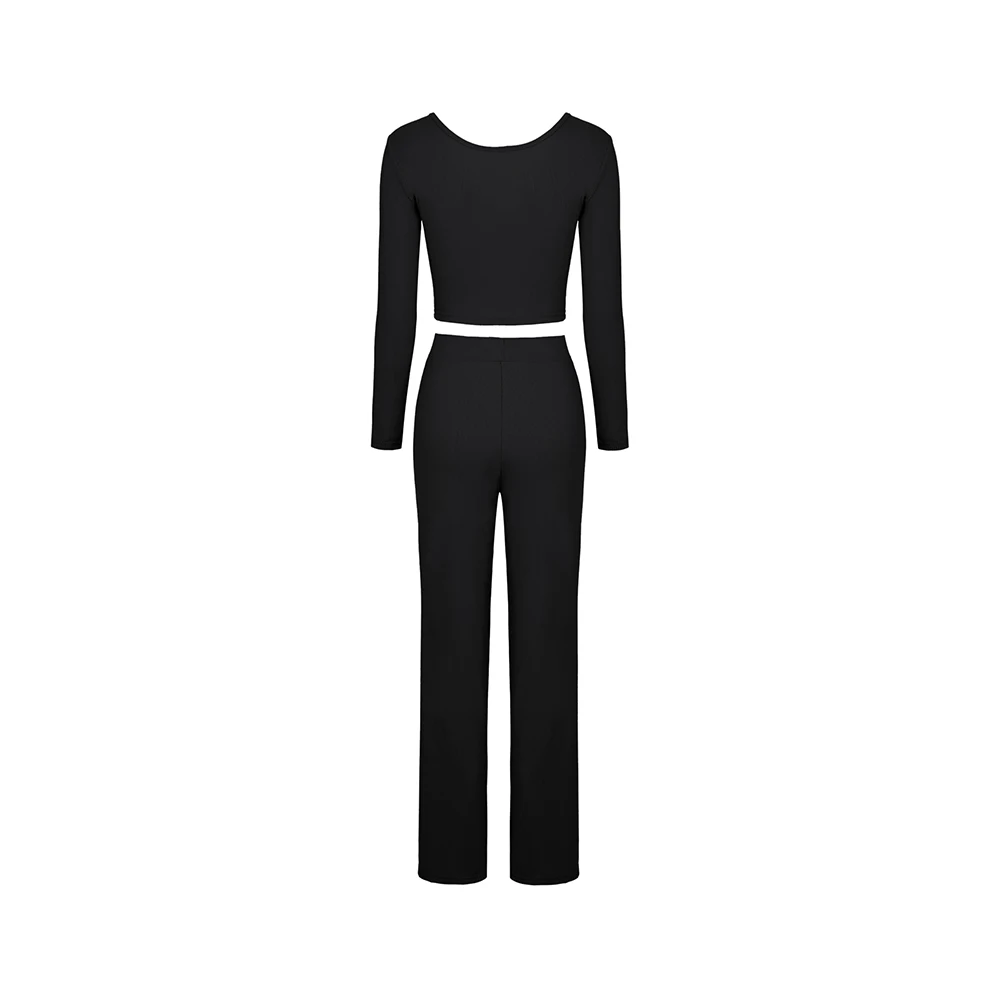 

2020 Autumn Womens Set Long-sleeved Trousers Suit Exposed Navel Crop Top and Loose Elastic Wide-leg Pant 2Pcs Clothes Set S-2XL