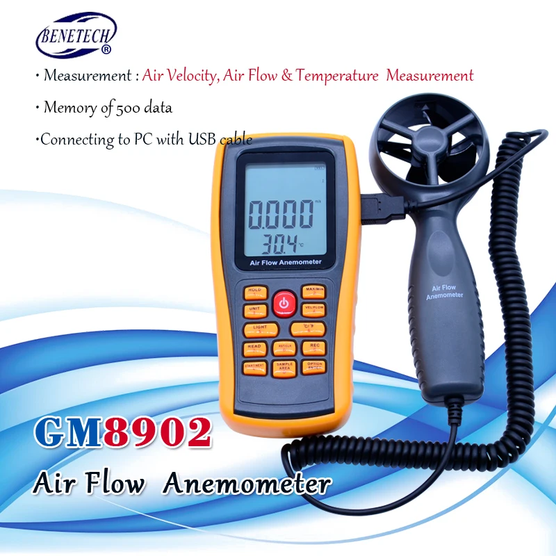 BENETECH GM8902 0-45 м/с цифровой анемометр измеритель скорости ветра объем воздуха Температура окружающей среды тестер с USB интерфейсом