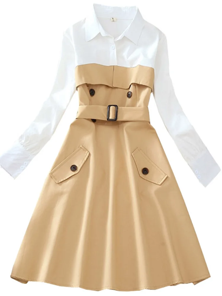 Платье женское с карманами приталенное элегантное офисное платье-рубашка поясом