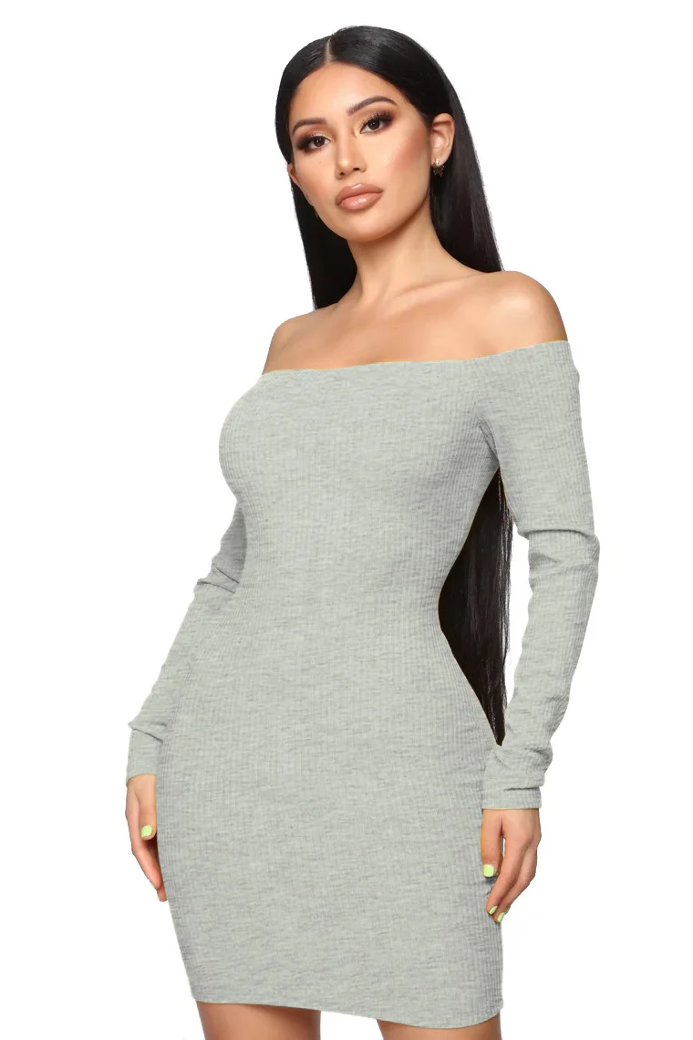 

Autumn New Sexy Off The Shoulder Long Sleeve Solid Bodycon Women Dress
