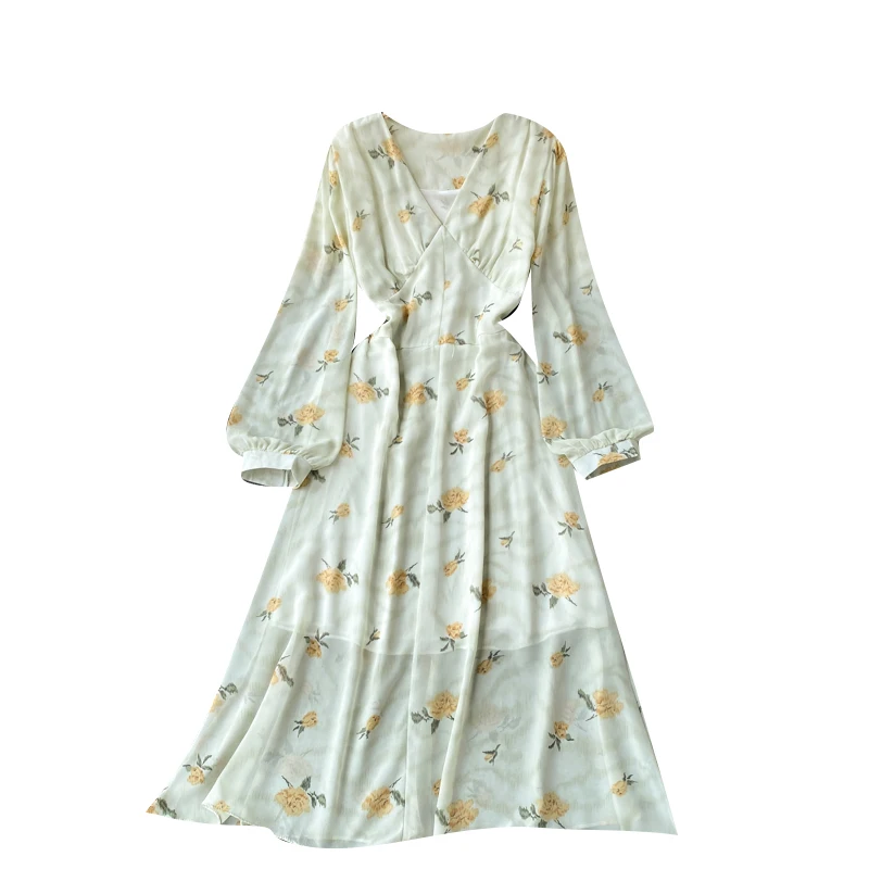 

Women Chiffon Print Dress Women French Puff Sleeve V Neck A-line Dresses Spring Boho Casual Vacation Midi Long Dress
