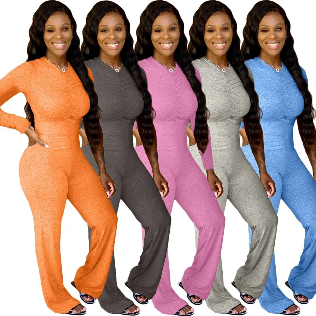 

Women's Long-sleeved Waist Waistless Beltless Solid Color Chest Folds Office Ladies Casual One-piece Flared Pants Loose Overalls