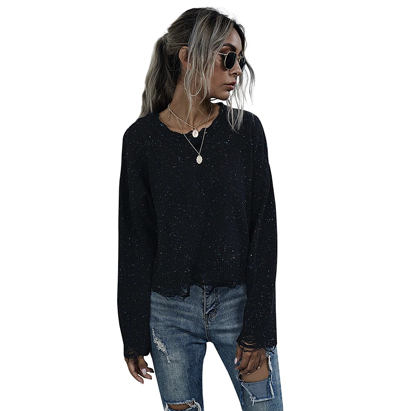 

Colorful Spot Black Women's Sweater Short Length Top Sexy Style Streetwear Solid Long Sleeve Knitted Jumper Winter 2020