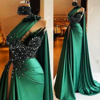luxury one shoulder beads evening dress mermaid green women sexy prom gown with train satin backless feathers robes de soir%c3%a9e