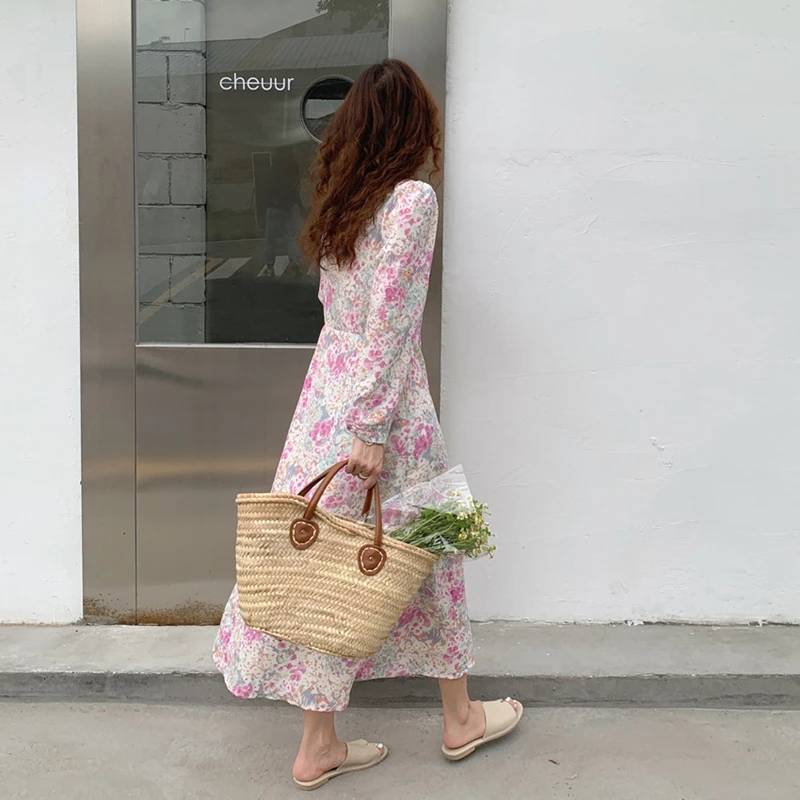

New 2021 Women Summer Autunm Dresses V-Neck High Waist Printed Floral Vintage Korean Sweet Wild Lady Long Dress