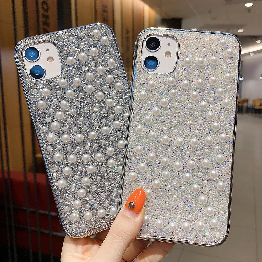 Pearl Rhinestone Bling Glitter Case for IPhone 12 Mini 11 Pro XR XS Max X 8 7 Plus Shockproof Phone Cover Coque Funda | Мобильные