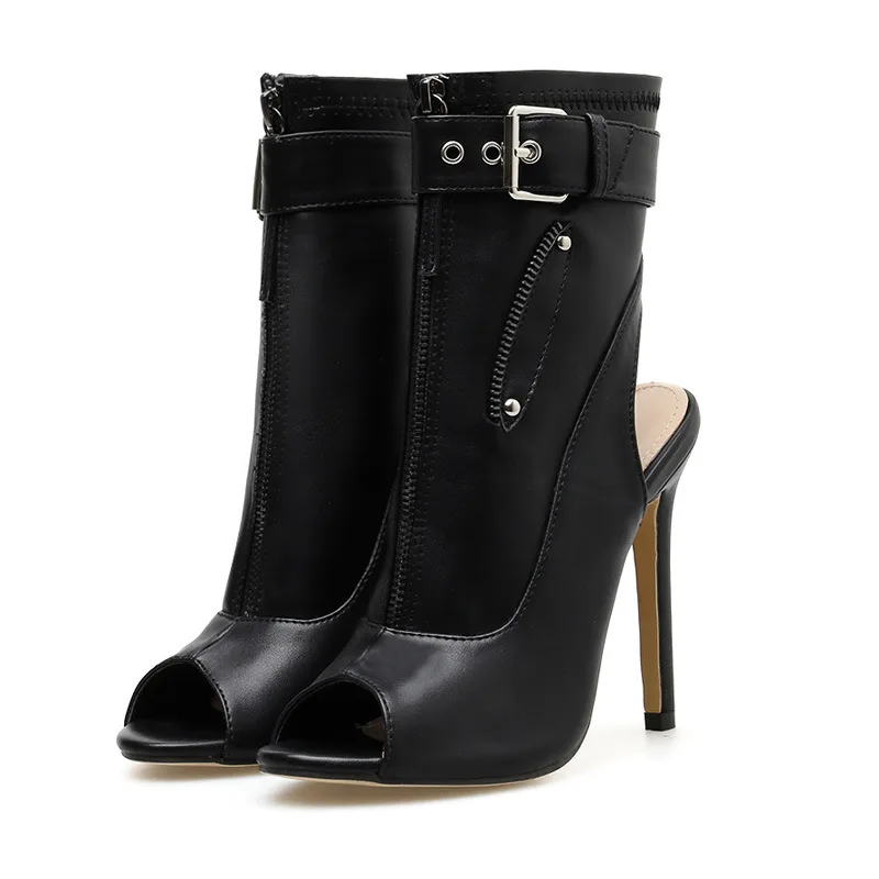 

Classic PU Women Ankle Boots Buckle Strap Peep Toe Hollow Out Thin High Heels Shoes Woman Sexy Sandals Boots White Black