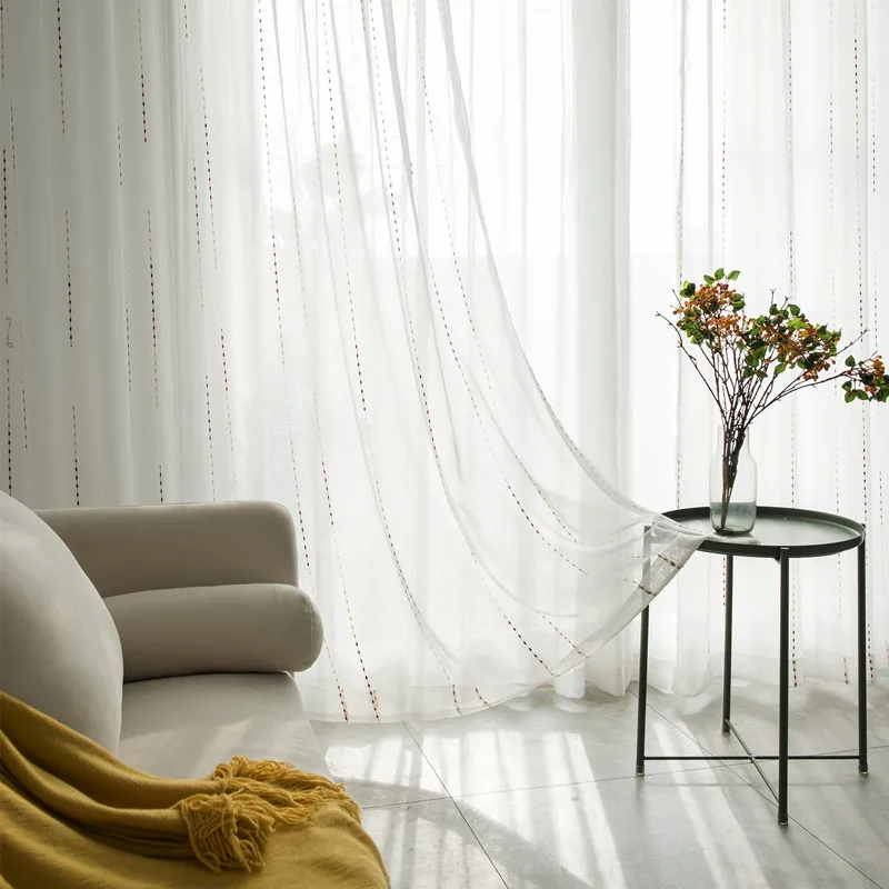

Simple Modern Jacquard Striped Brown Linen Yarn Window Screening Living Room Bedroom All-Match Decoration White Tulle Curtain 35