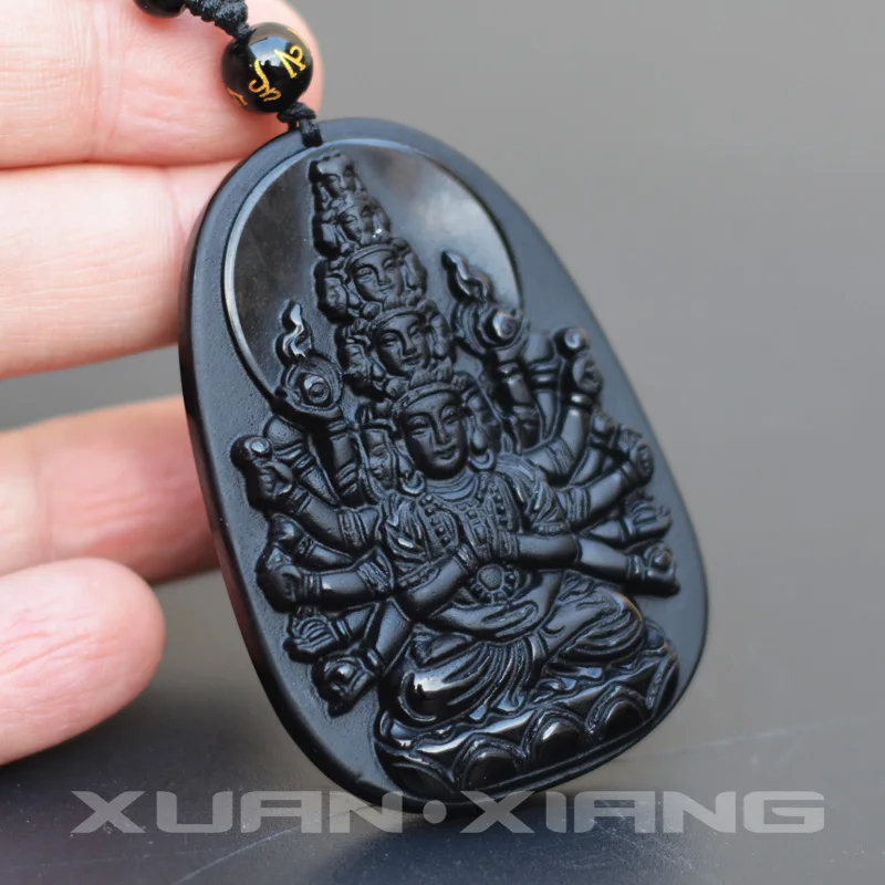 Мужские ожерелье с кулоном черный обсидиан резные Avalokitesvara Guanyin Будда Бодхисаттва