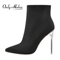 Onlymaker Women's Pointed Toe Black Snake Patent Leather Clear Thin Metal Heel Ankle Booties Stiletto Big size