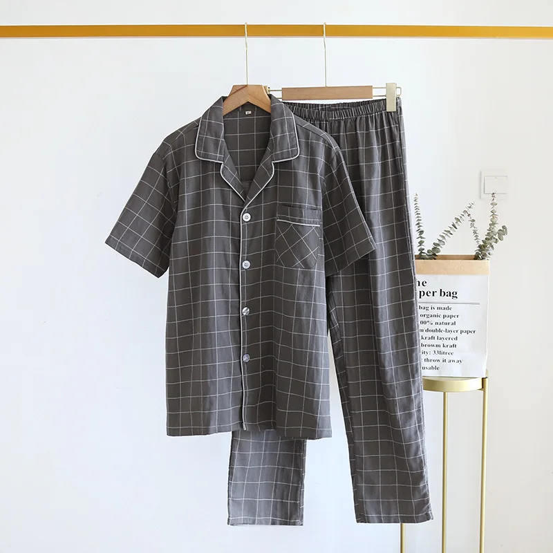 

Navy Blue Plaid Pajamas Set Men Sleepwear Summer New Short Sleeve Trousers Suit Loose Casual Breathable Home Clothes Loungewear
